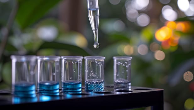 Laboratory glassware with blue liquid and pipette