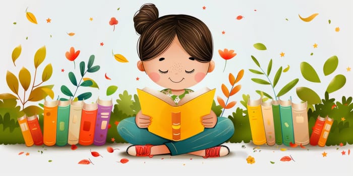 Cute little girl reading book surrounded by books and autumn leaves. Concept of education, reading, learning, and seasonal fall.