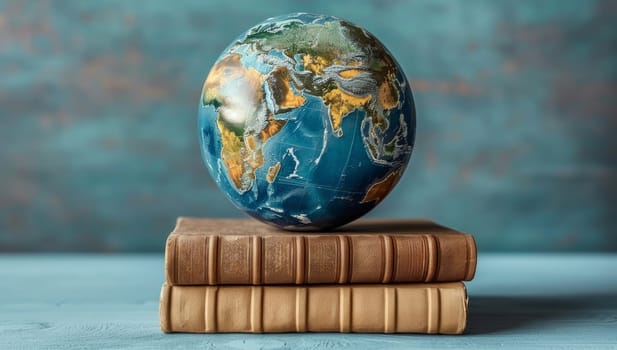Earth globe resting on stack of old books, world knowledge and education concept. Geographical planet sphere on vintage hardcover textbooks against blue background.