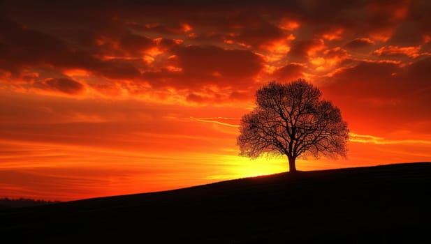 Silhouette of a lonely tree at sunset on a hill.