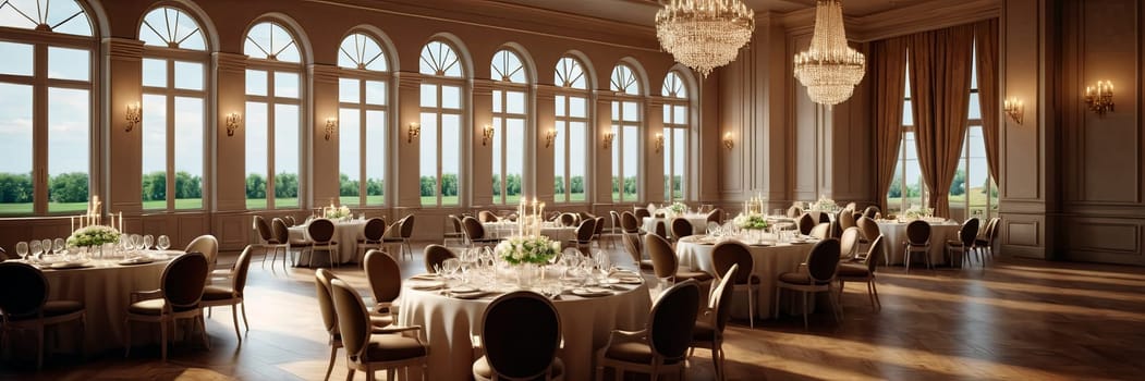 Elegant banquet hall, round tables adorned with flowers are illuminated by the soft glow of a chandelier and natural light from arched windows during an evening event.