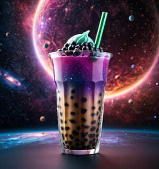 Bubble tea with black pearls and cream, foreground. Background displays a vibrant galaxy adorned with stars and nebulae