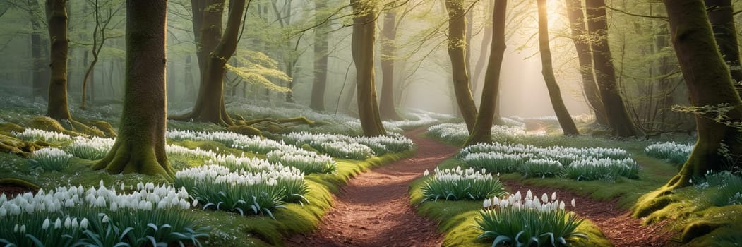 Forest path winds through dense forest, surrounded by blooming white snowdrops flowers during early morning, offering peaceful scenery for nature enthusiasts