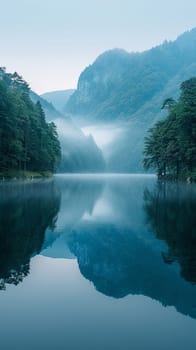 A blanket of fog over a calm lake at dawn, evoking a sense of mystery and tranquility.