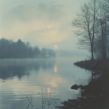 A blanket of fog over a calm lake at dawn, evoking a sense of mystery and tranquility.