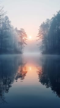 A blanket of fog over a calm lake at dawn, evoking a sense of mystery and tranquility.