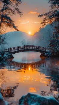 A bridge spanning a tranquil river at sunrise, connecting two shores and symbolizing passage.