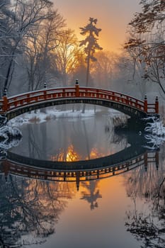 A bridge spanning a tranquil river at sunrise, connecting two shores and symbolizing passage.