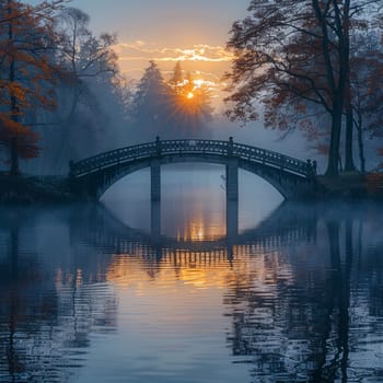 A bridge spanning a tranquil river at sunrise, connecting two shores and symbolizing passage.