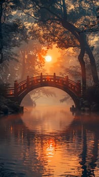 A bridge spanning a tranquil river at sunrise, connecting two shores and symbolizing passage.