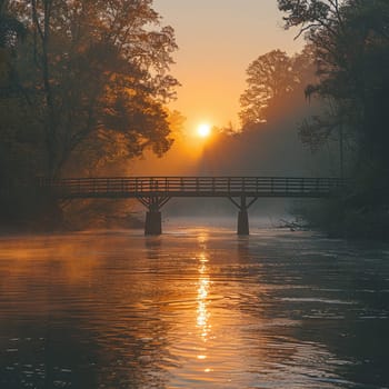 A bridge spanning a tranquil river at sunrise, connecting two shores and symbolizing passage.