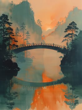 A bridge spanning a tranquil river at sunrise, connecting two shores and symbolizing passage.