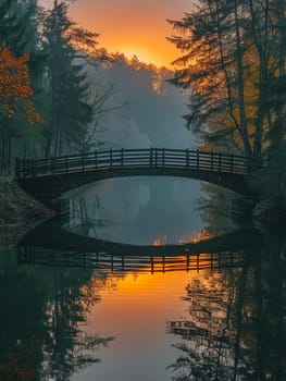 A bridge spanning a tranquil river at sunrise, connecting two shores and symbolizing passage.