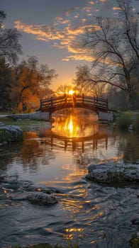 A bridge spanning a tranquil river at sunrise, connecting two shores and symbolizing passage.