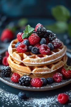 A plate of delicious waffles and berries are on the table.