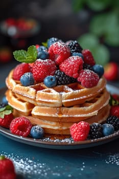 A plate of delicious waffles and berries are on the table.