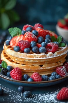 A plate of delicious waffles and berries are on the table.