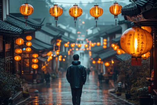 A local resident walks along an old Japanese street with glowing lanterns.