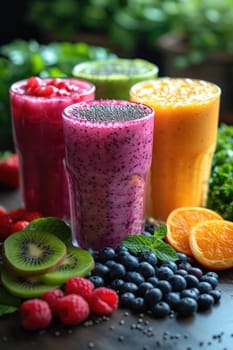 Summer colorful fruit smoothies in glasses on the table. Berries and fruits are lying nearby.