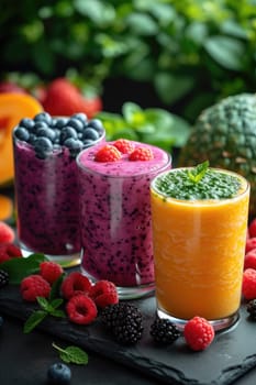 Summer colorful fruit smoothies in glasses on the table. Berries and fruits are lying nearby.