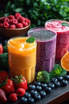 Summer colorful fruit smoothies in glasses on the table. Berries and fruits are lying nearby.