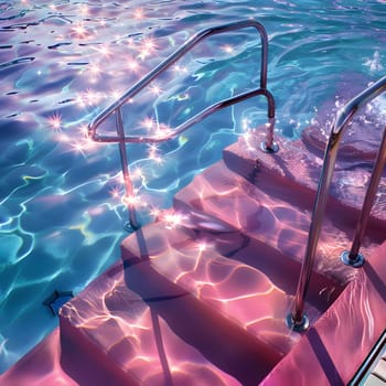 A pink staircase descends towards a pool of azure liquid, inviting vertebrates to swim in the electric blue waters. A harmonious blend of nature and aqua