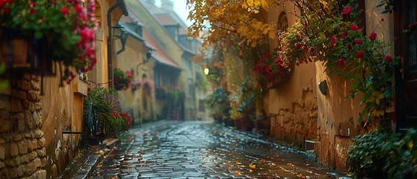 A cobblestone alleyway in an old European town, evoking history and charm.