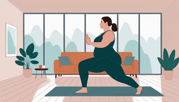 Large woman, yoga practice near sofa, leggings and top attire. Bright room, large window, floor-standing flower