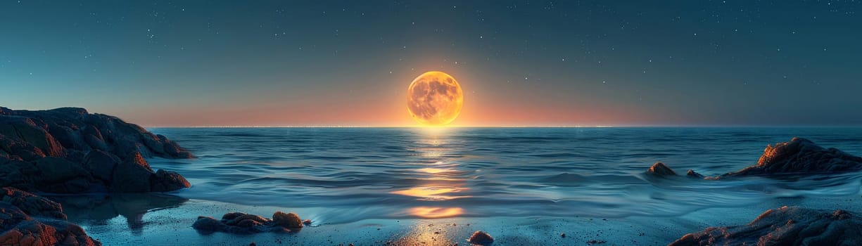 A full moon rising over a tranquil sea, evoking mystery and the beauty of the night.