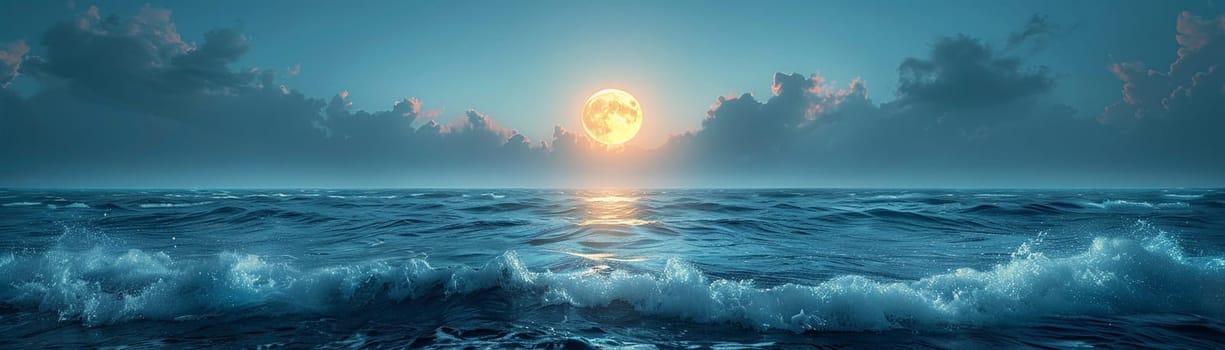 A full moon rising over a tranquil sea, evoking mystery and the beauty of the night.