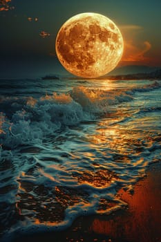 A full moon rising over a tranquil sea, evoking mystery and the beauty of the night.