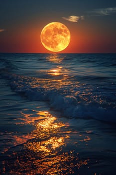 A full moon rising over a tranquil sea, evoking mystery and the beauty of the night.