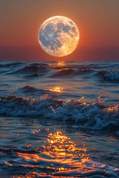 A full moon rising over a tranquil sea, evoking mystery and the beauty of the night.