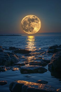 A full moon rising over a tranquil sea, evoking mystery and the beauty of the night.