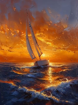 A lone sailboat on a vast ocean at sunset, symbolizing solitude and exploration.