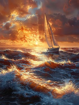 A lone sailboat on a vast ocean at sunset, symbolizing solitude and exploration.