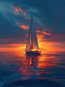 A lone sailboat on a vast ocean at sunset, symbolizing solitude and exploration.