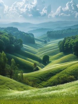 A panoramic view of rolling hills under a dynamic sky, offering a sense of freedom and space.