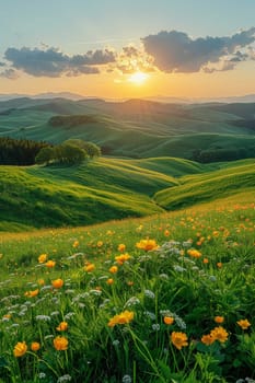 A panoramic view of rolling hills under a dynamic sky, offering a sense of freedom and space.