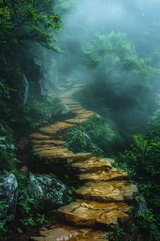 A pathway through a mystical foggy forest, inviting exploration and adventure.