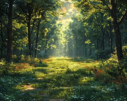 A peaceful forest clearing bathed in sunlight, offering a sanctuary in nature.