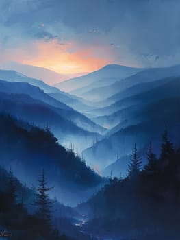 A peaceful sunrise over a mountain range, bathing the landscape in soft light.