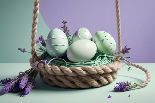 Easter eggs with Lavender flowers isolated on light green background, greeting card