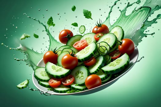 fresh salad with cucumbers and tomato pieces fly in the air above the plate. Oil splashes.