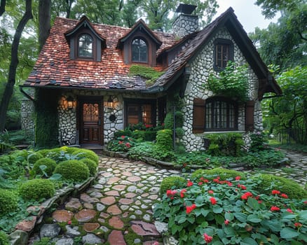 A quaint stone cottage in a lush garden, offering a storybook setting.
