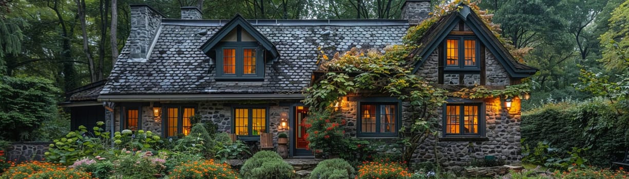 A quaint stone cottage in a lush garden, offering a storybook setting.