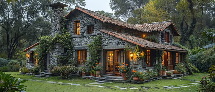 A quaint stone cottage in a lush garden, offering a storybook setting.