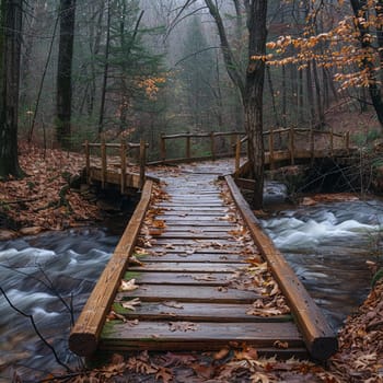 A rustic wooden bridge over a forest stream, evoking adventure and exploration.