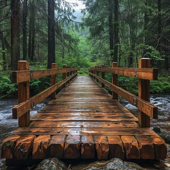 A rustic wooden bridge over a forest stream, evoking adventure and exploration.