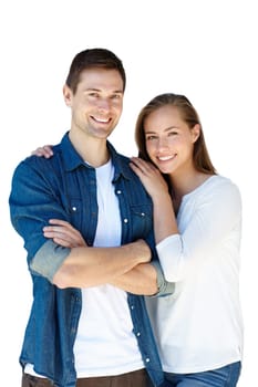 Couple, hug and portrait with happiness in studio for love with embrace, connection and support together. Man, confident and woman with romance or trust for bonding, security and spouse for comfort.